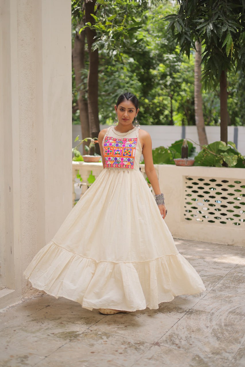 Off-White Embroidered Kora Cotton Gown – 8 Meter Flair, Sleeveless