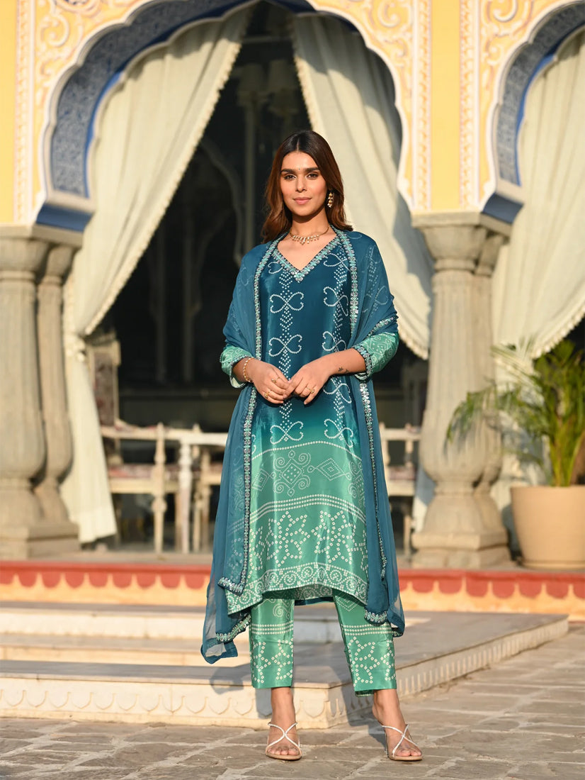 SAHELI STYLE Presents Soft Chinnon Silk Sky Kurti Pant With Dupatta Set