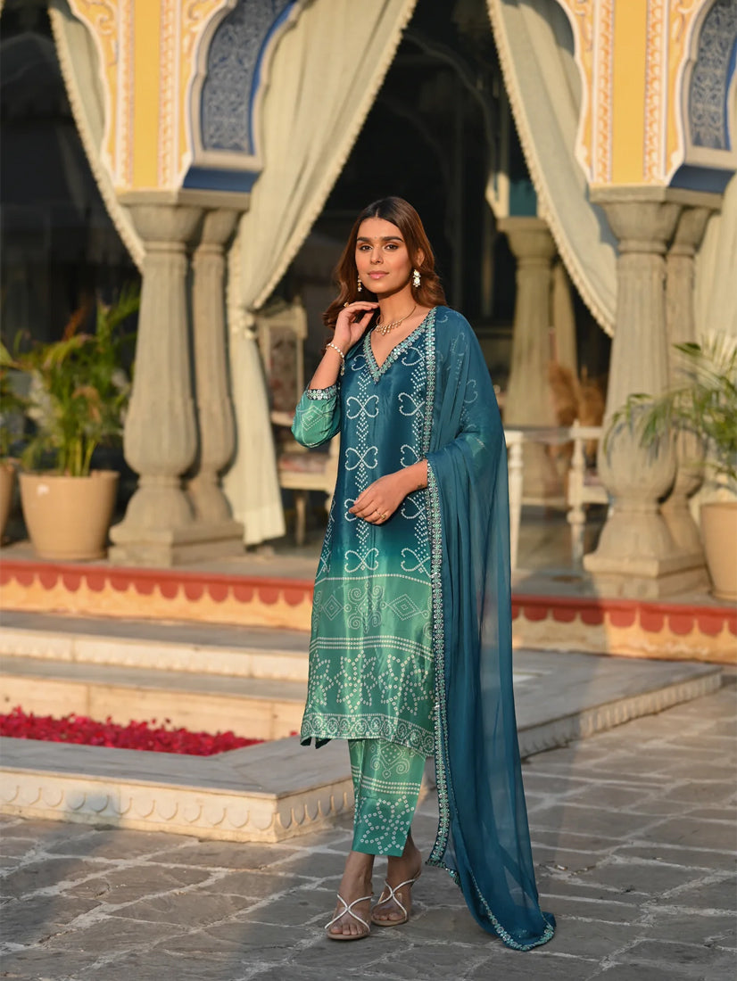 SAHELI STYLE Presents Soft Chinnon Silk Sky Kurti Pant With Dupatta Set