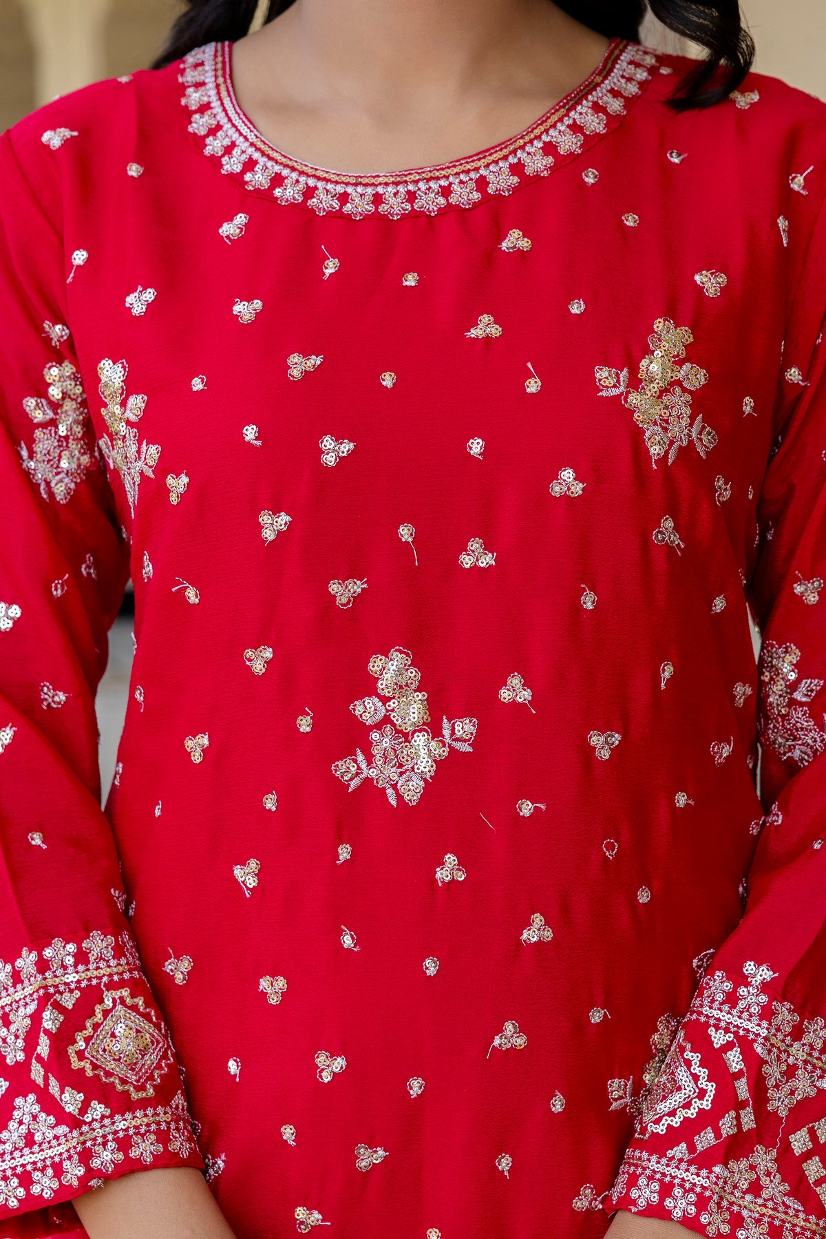 Desinger House Presents Red Color Top Bottom 3Pcs Sharara Pair