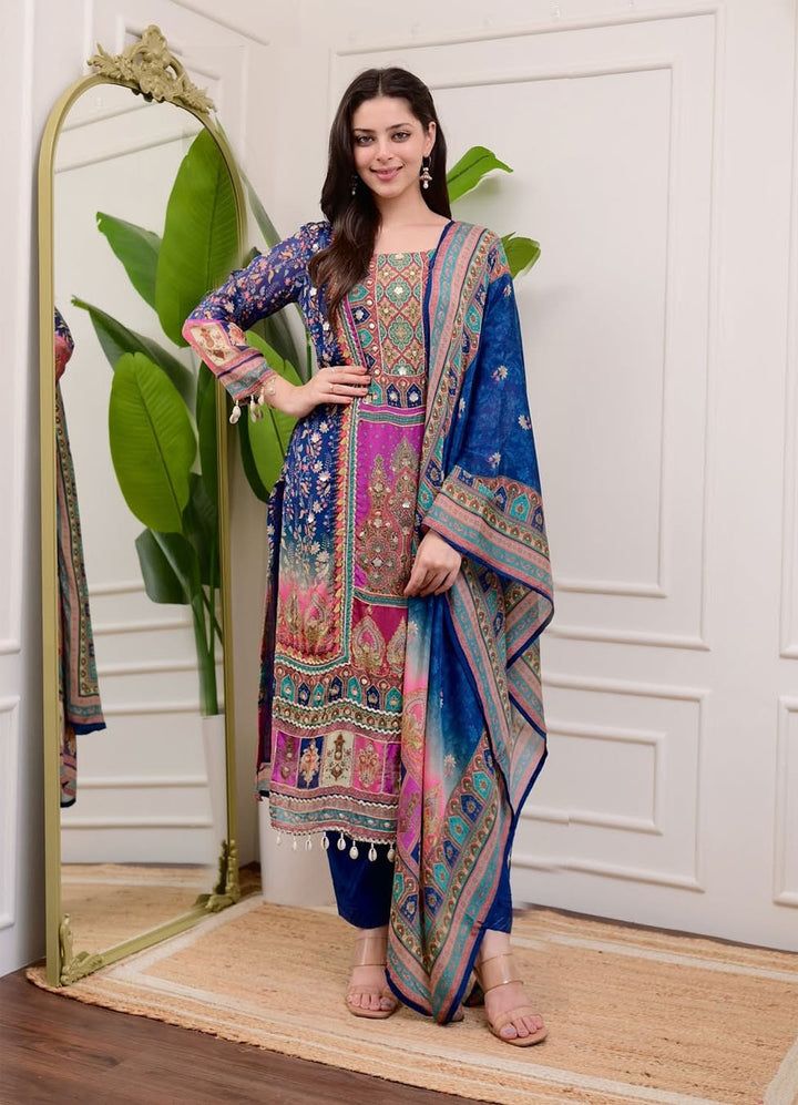 SAHELI STYLE TRENDINGTOP WITH PRINTED WORK WITH MIROR WORK WITH PANT AND DUPATTA
