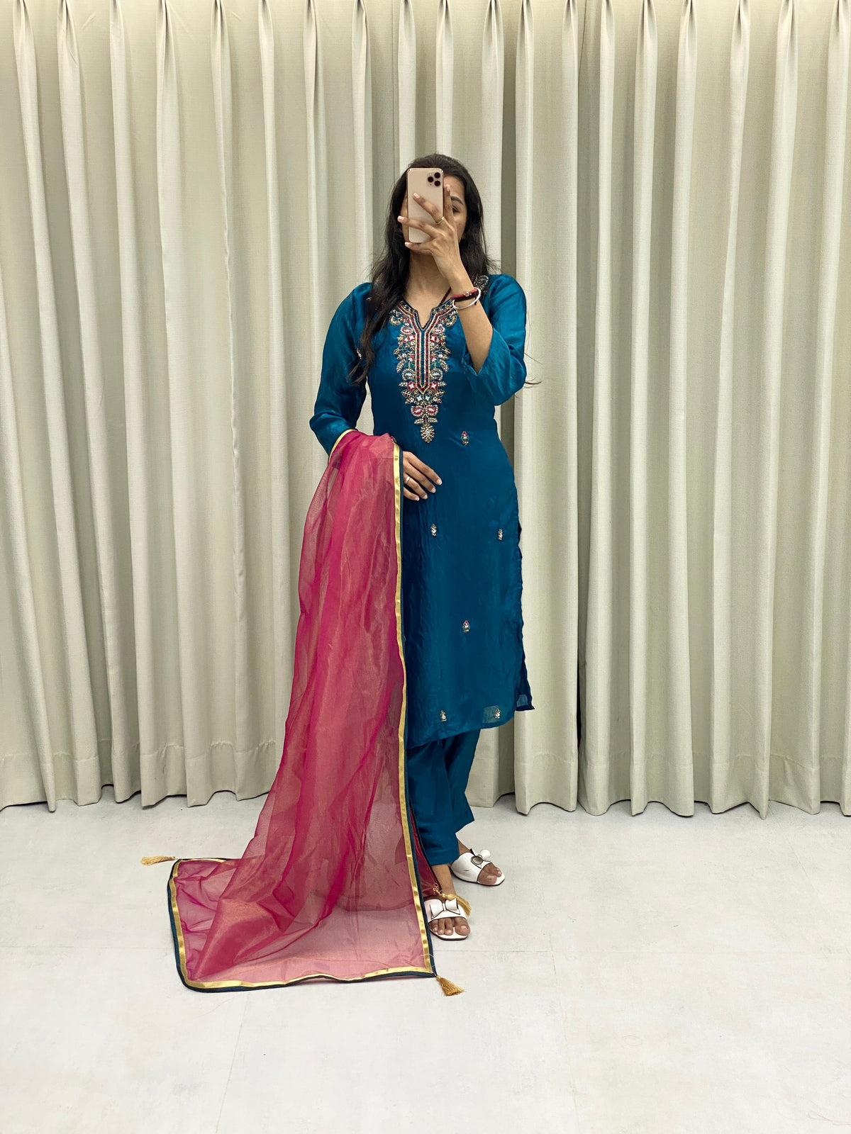 SAHELI STYLE PRESENTS HEAVY FENDI SILK HAND WORK TOP AND PANT WITH DUPATTA