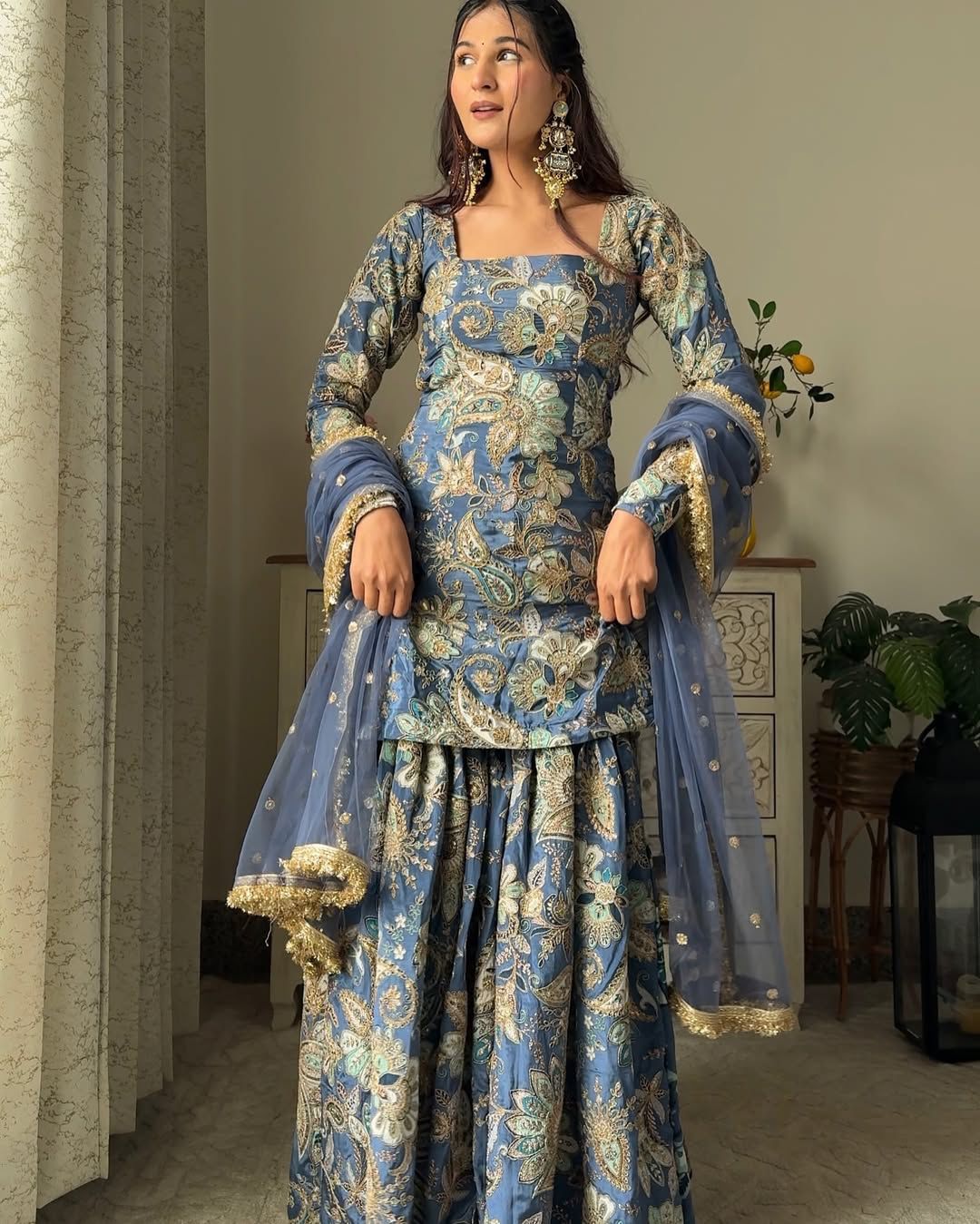 SAHELI STYLE EXCLUSIVE DESIGNER HEAVY CHINON WITH SEQUANCE EMBROIDERY WORK SUIT WITH FULL FLAIR WORK SHARARA