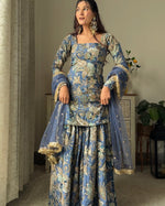 SAHELI STYLE EXCLUSIVE DESIGNER HEAVY CHINON WITH SEQUANCE EMBROIDERY WORK SUIT WITH FULL FLAIR WORK SHARARA