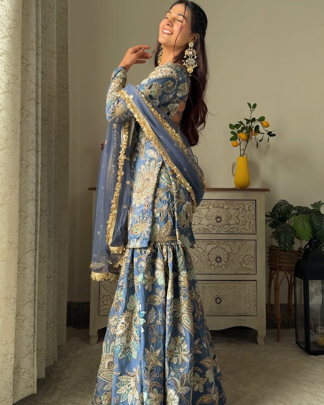 SAHELI STYLE EXCLUSIVE DESIGNER HEAVY CHINON WITH SEQUANCE EMBROIDERY WORK SUIT WITH FULL FLAIR WORK SHARARA