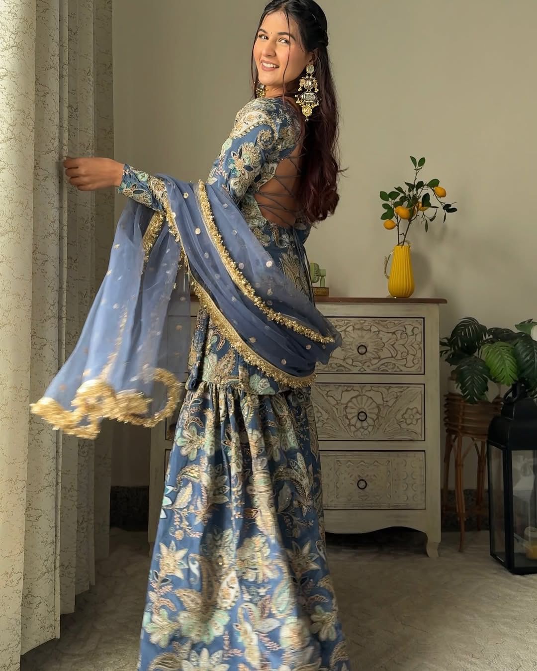 SAHELI STYLE EXCLUSIVE DESIGNER HEAVY CHINON WITH SEQUANCE EMBROIDERY WORK SUIT WITH FULL FLAIR WORK SHARARA
