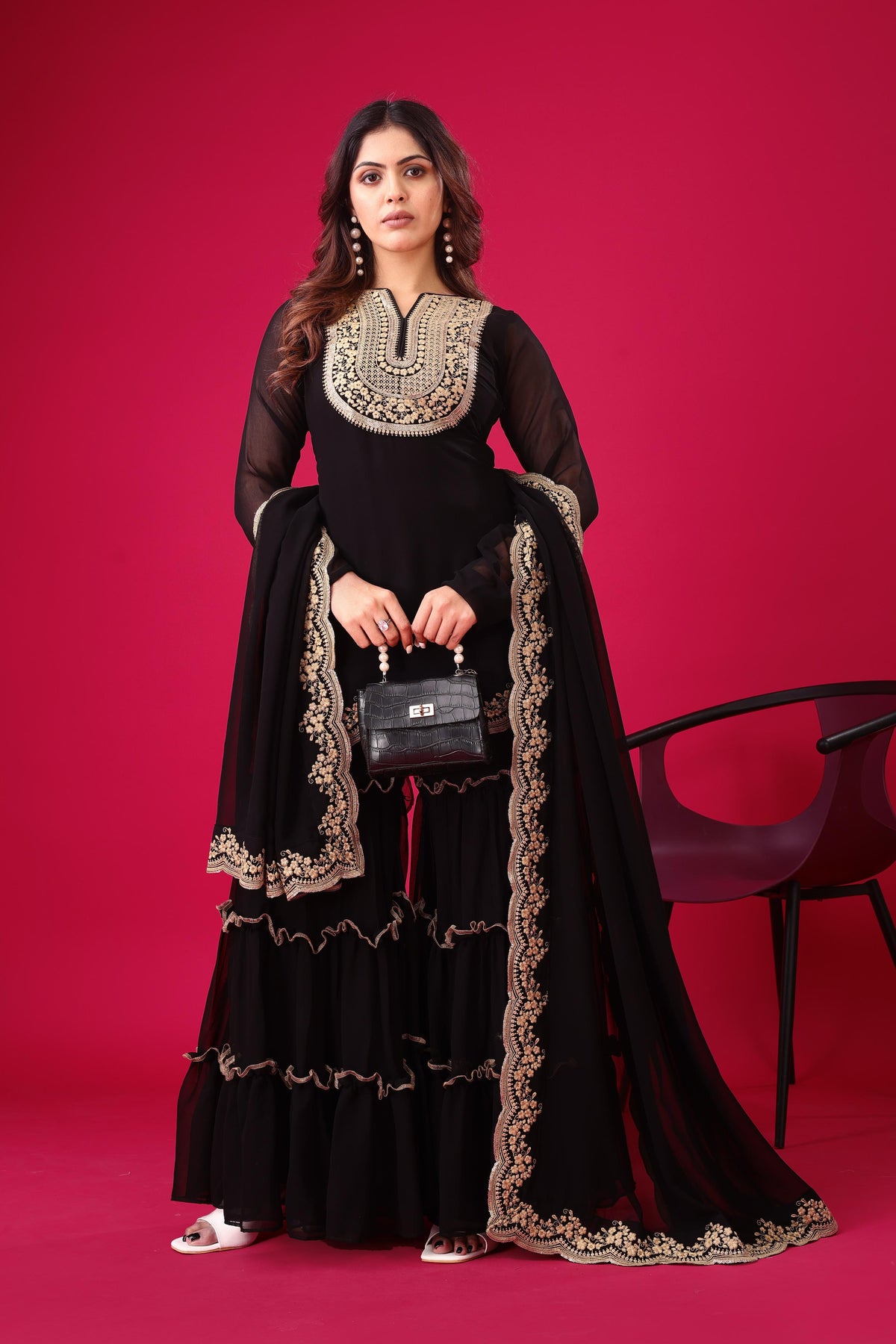 SAHELI STYLE Presenting New Designer Collection In Blooming Faux Georgette With Heavy Embroidery Sequence Thread Work Top-Bottom And Dupatta Set Fully Stitched Ready To Wear Black