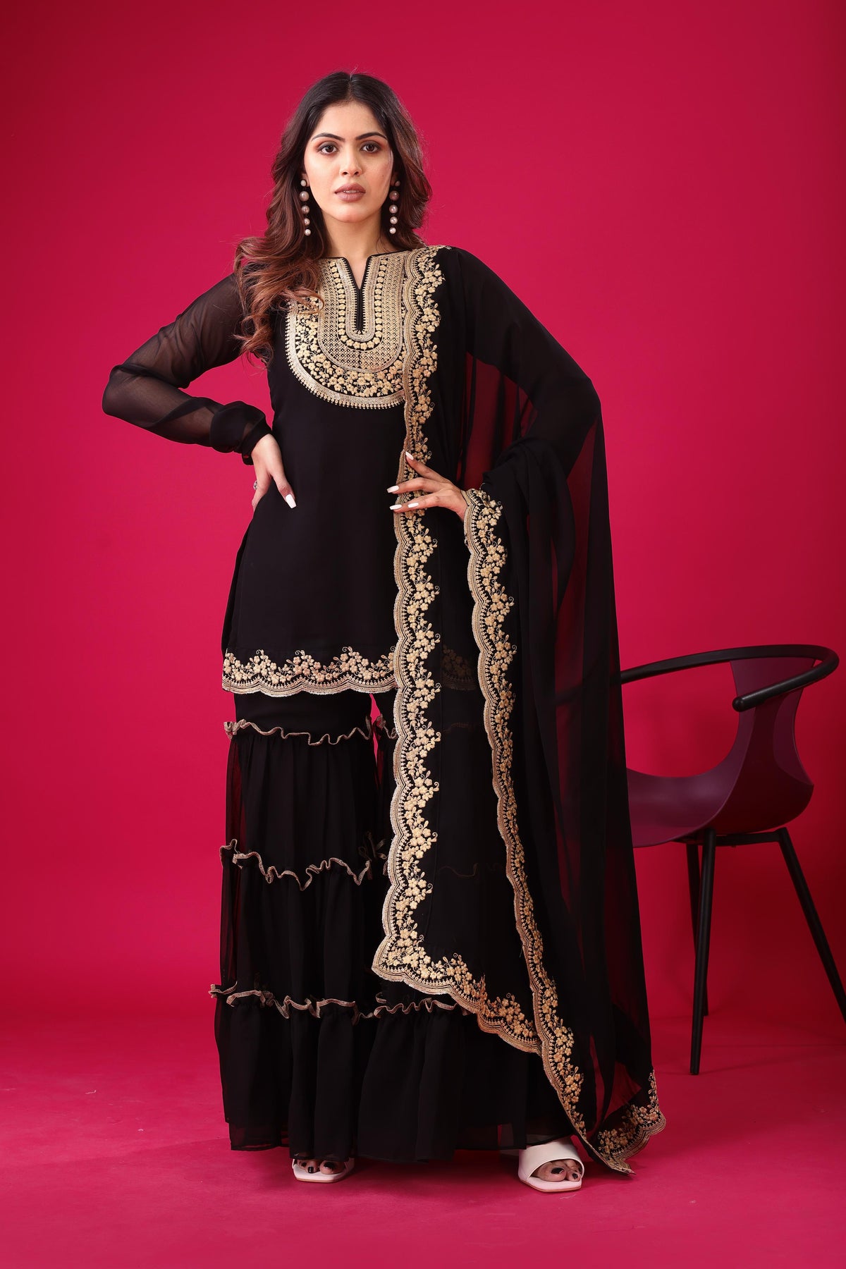 SAHELI STYLE Presenting New Designer Collection In Blooming Faux Georgette With Heavy Embroidery Sequence Thread Work Top-Bottom And Dupatta Set Fully Stitched Ready To Wear Black