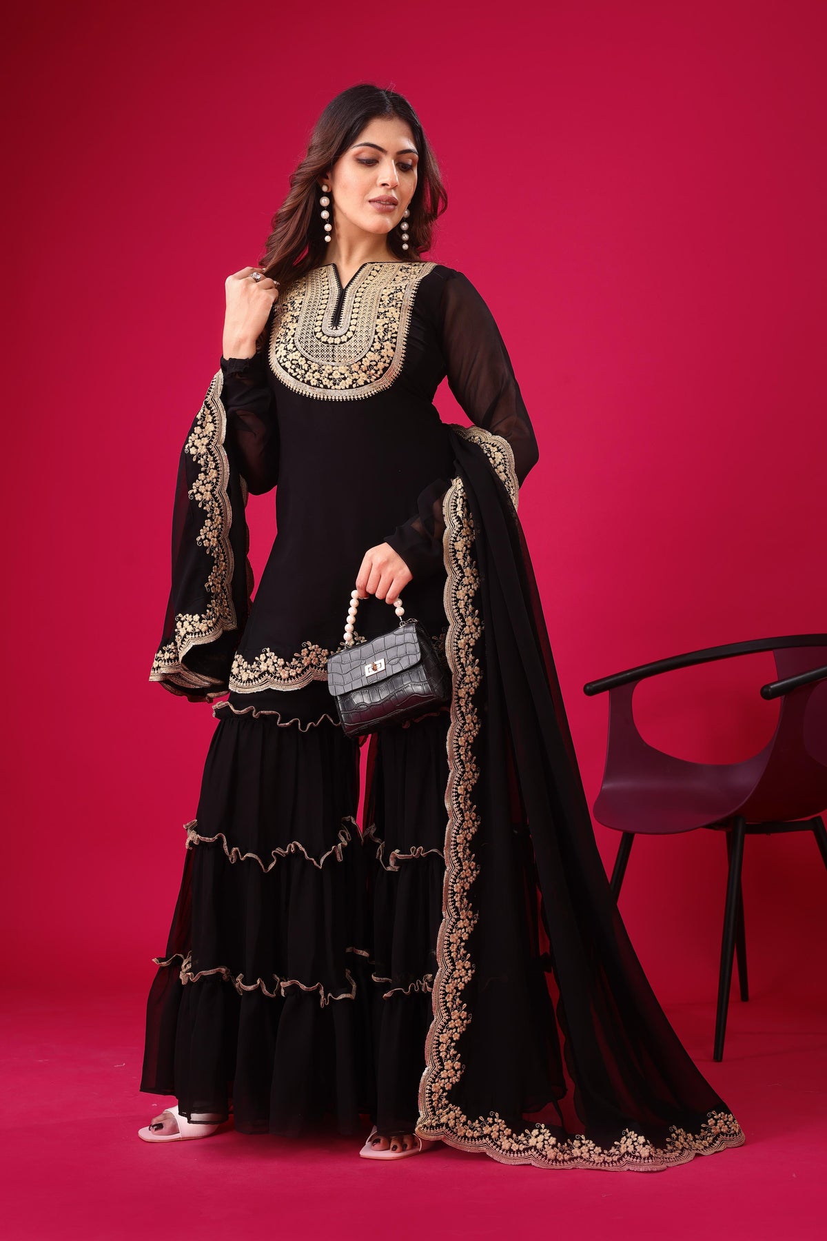 SAHELI STYLE Presenting New Designer Collection In Blooming Faux Georgette With Heavy Embroidery Sequence Thread Work Top-Bottom And Dupatta Set Fully Stitched Ready To Wear Black