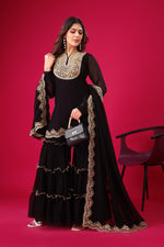 SAHELI STYLE Presenting New Designer Collection In Blooming Faux Georgette With Heavy Embroidery Sequence Thread Work Top-Bottom And Dupatta Set Fully Stitched Ready To Wear Black