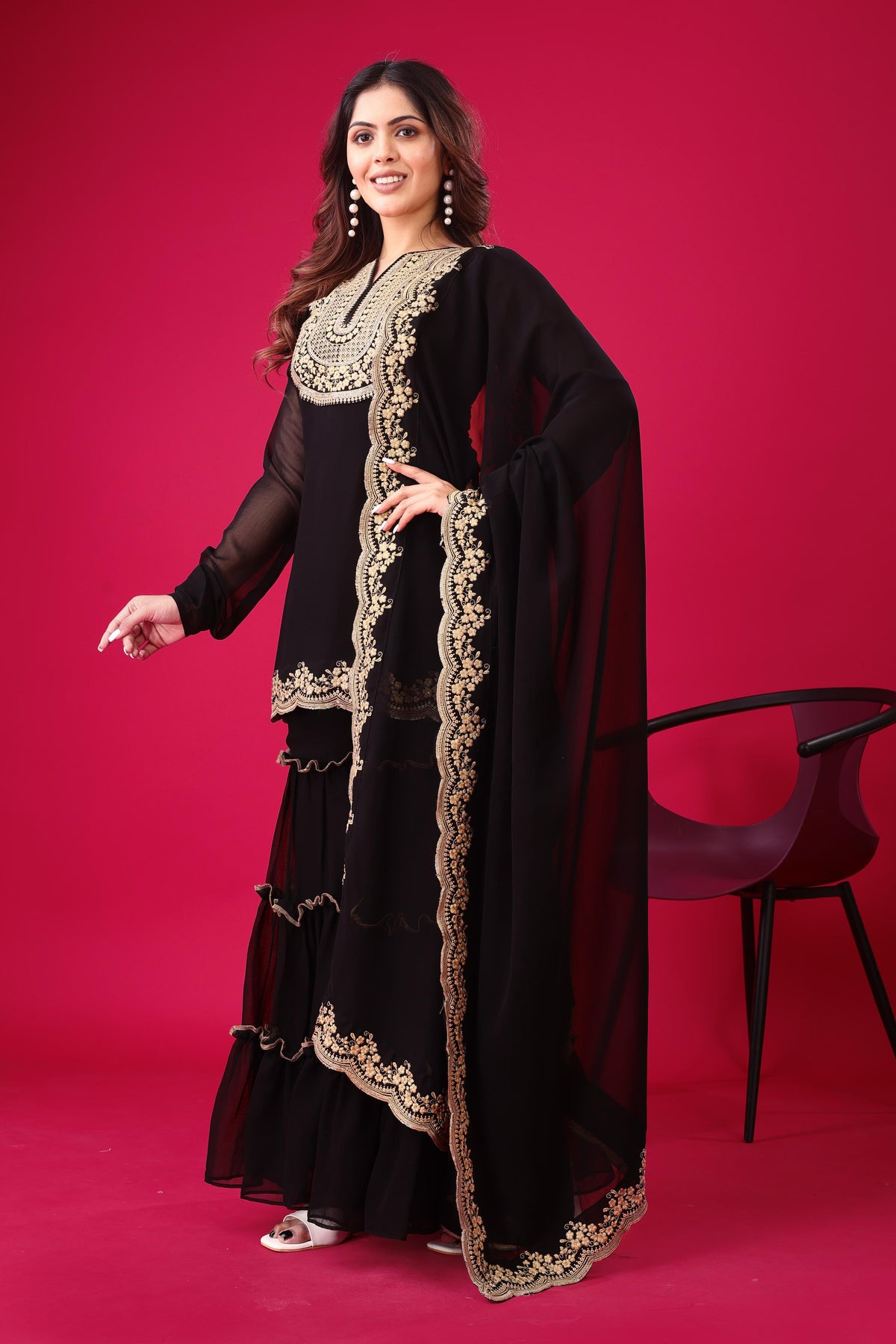 SAHELI STYLE Presenting New Designer Collection In Blooming Faux Georgette With Heavy Embroidery Sequence Thread Work Top-Bottom And Dupatta Set Fully Stitched Ready To Wear Black