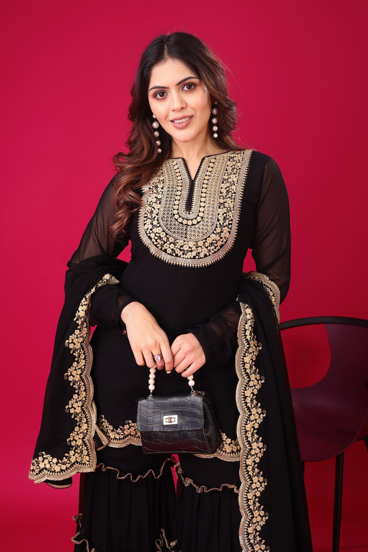 SAHELI STYLE Presenting New Designer Collection In Blooming Faux Georgette With Heavy Embroidery Sequence Thread Work Top-Bottom And Dupatta Set Fully Stitched Ready To Wear Black