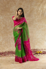 SAHELI STYLEPRESENTS GEORGETTE BANDHANI SAREE GREEN+PINK