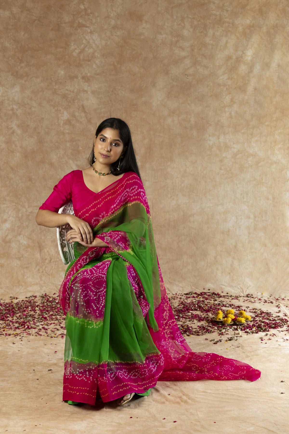 SAHELI STYLEPRESENTS GEORGETTE BANDHANI SAREE GREEN+PINK