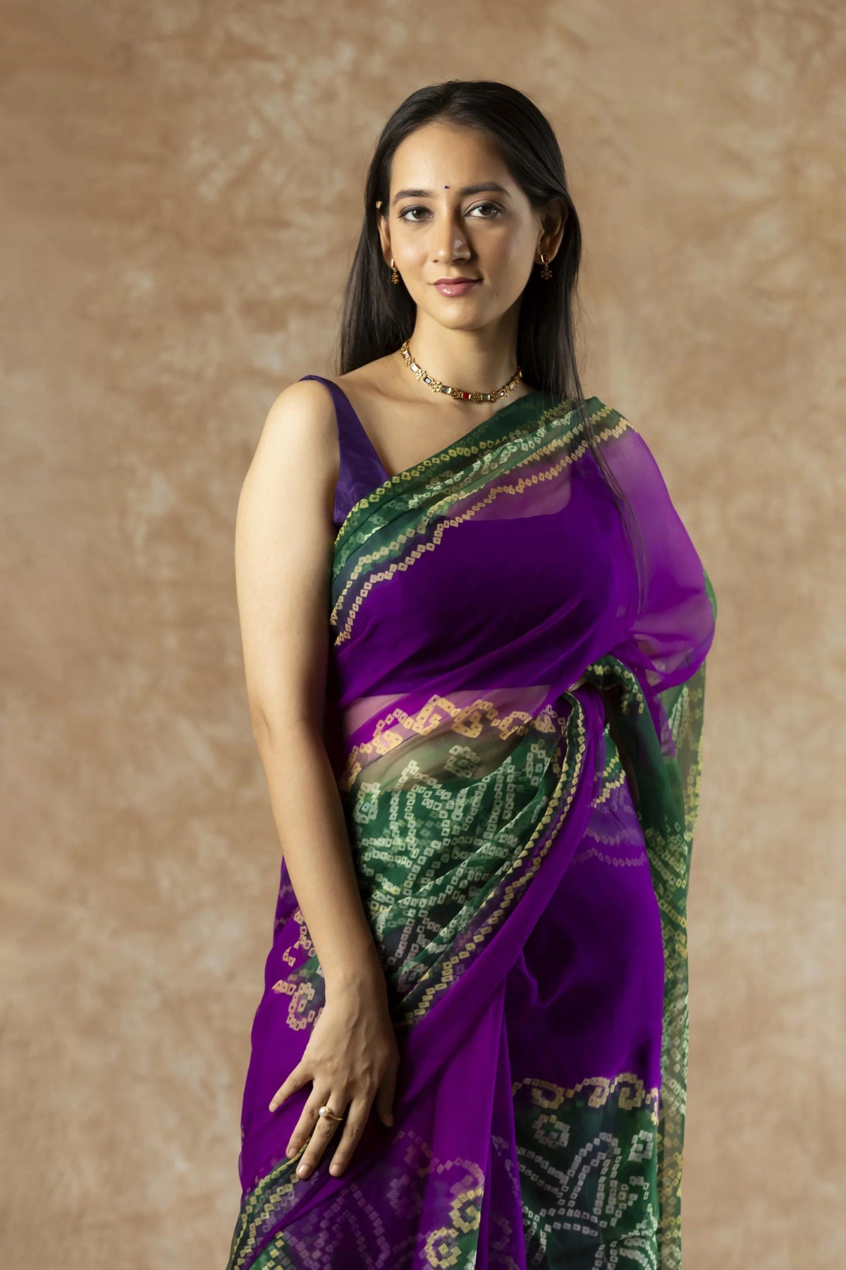SAHELI STYLE PRESENTS GEORGETTE BANDHANI SAREE PURPLE+GREEN