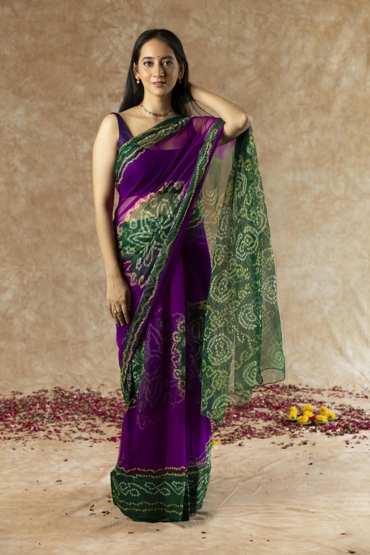 SAHELI STYLE PRESENTS GEORGETTE BANDHANI SAREE PURPLE+GREEN