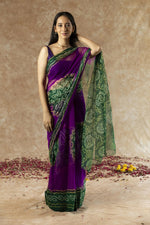 SAHELI STYLE PRESENTS GEORGETTE BANDHANI SAREE PURPLE+GREEN
