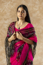 SAHELI STYLEPRESENTS GEORGETTE BANDHANI SAREE PINK+BLACK