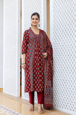 SAHELI STYLE PRESENTS MAROON COTTON KURTI PANT DUPATTA PAIR