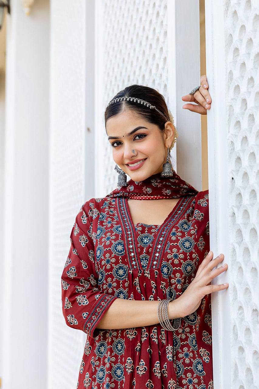 SAHELI STYLE PRESENTS MAROON COTTON KURTI PANT DUPATTA PAIR