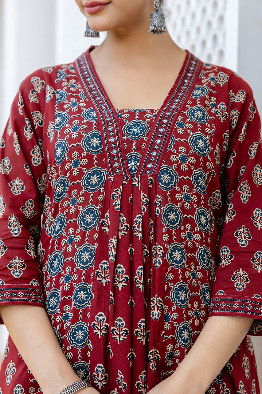 SAHELI STYLE PRESENTS MAROON COTTON KURTI PANT DUPATTA PAIR