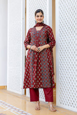 SAHELI STYLE PRESENTS MAROON COTTON KURTI PANT DUPATTA PAIR