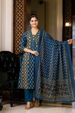 SAHELI STYLE PRESENTS SKY BLUE COTTON KURTI PANT DUPATTA PAIR SET