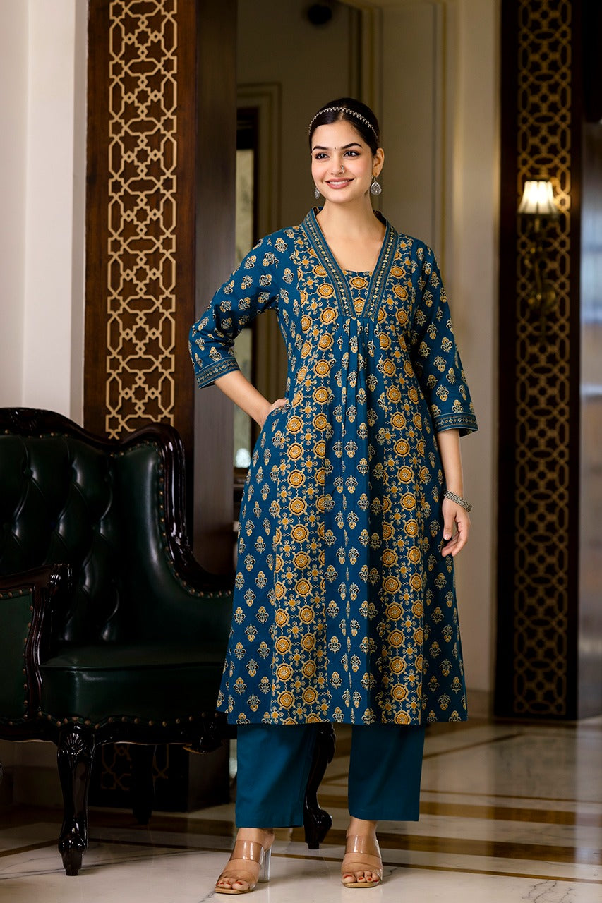 SAHELI STYLE PRESENTS SKY BLUE COTTON KURTI PANT DUPATTA PAIR SET