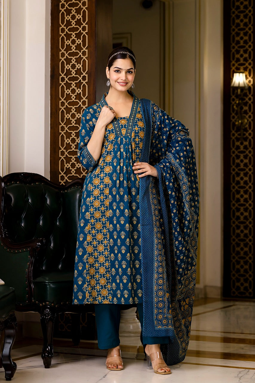 SAHELI STYLE PRESENTS SKY BLUE COTTON KURTI PANT DUPATTA PAIR SET