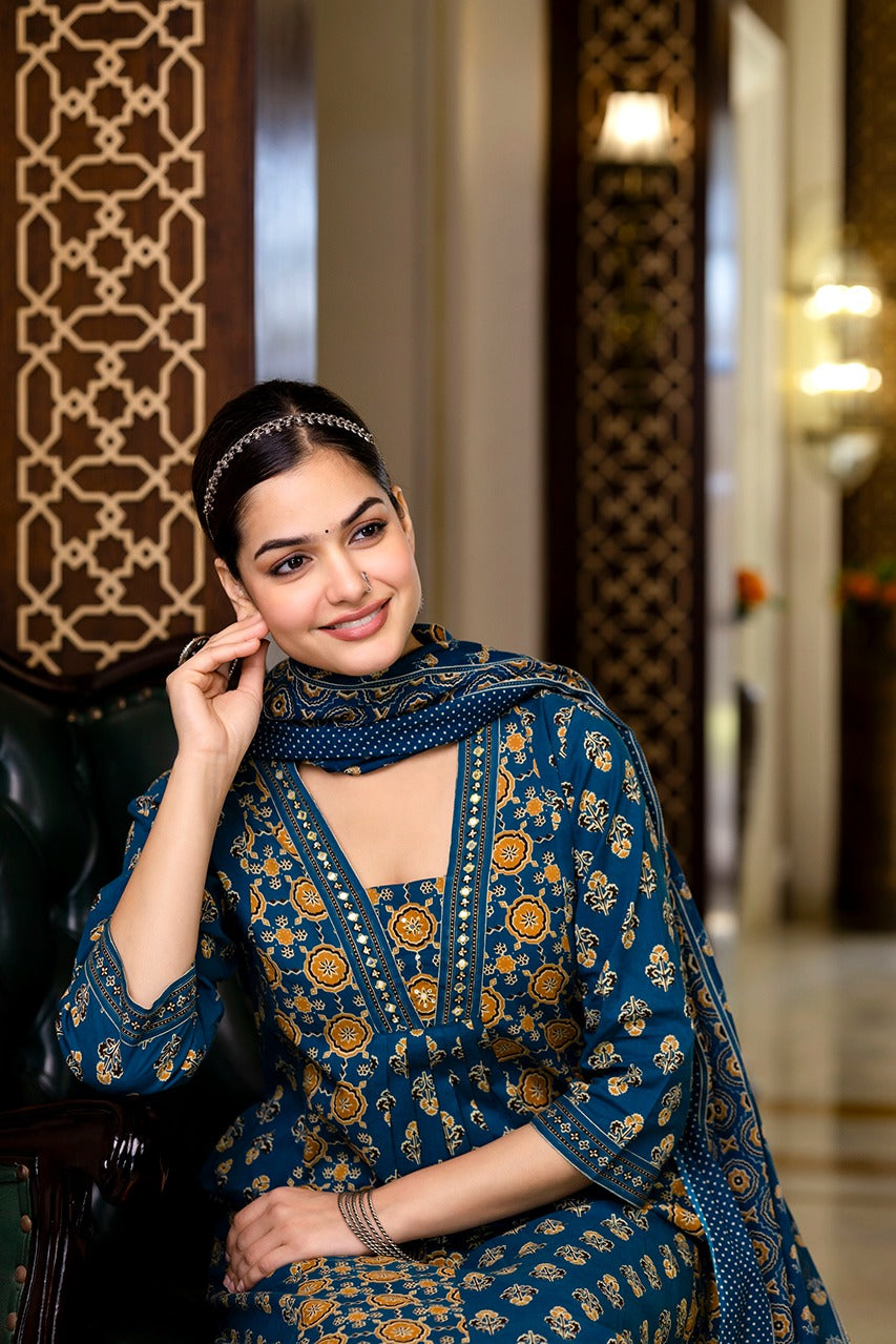 SAHELI STYLE PRESENTS SKY BLUE COTTON KURTI PANT DUPATTA PAIR SET