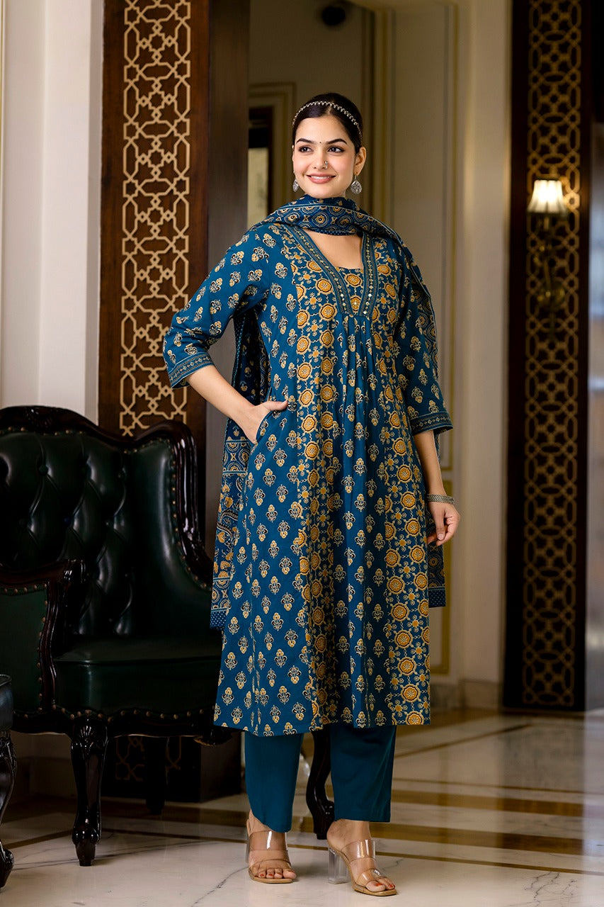 SAHELI STYLE PRESENTS SKY BLUE COTTON KURTI PANT DUPATTA PAIR SET