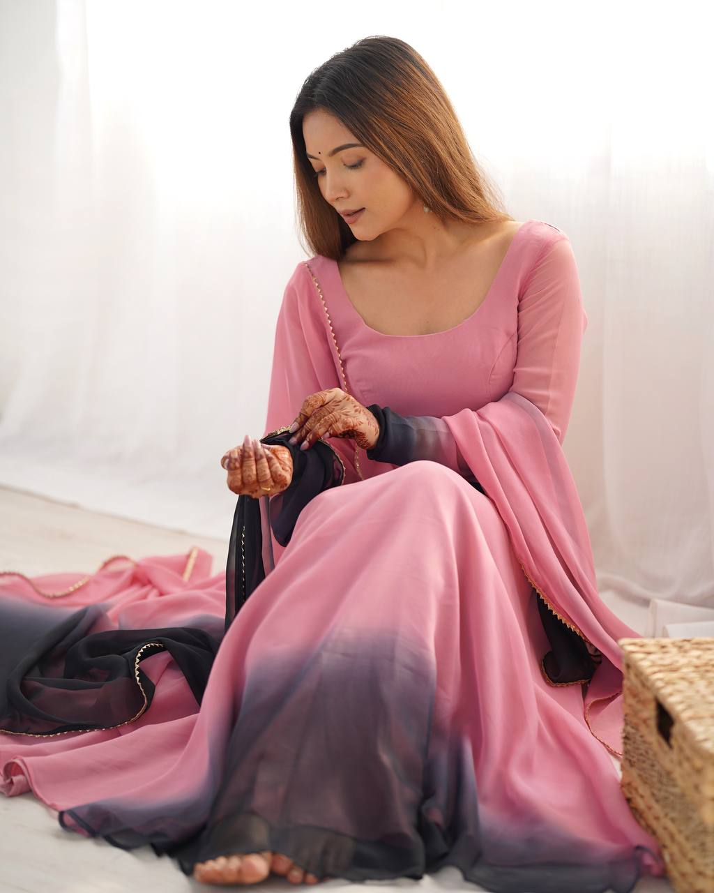 SAHELI STYLE PRESENTS PINK+BLACK SHADOW PADDING ANARKALI GOWN PAIR