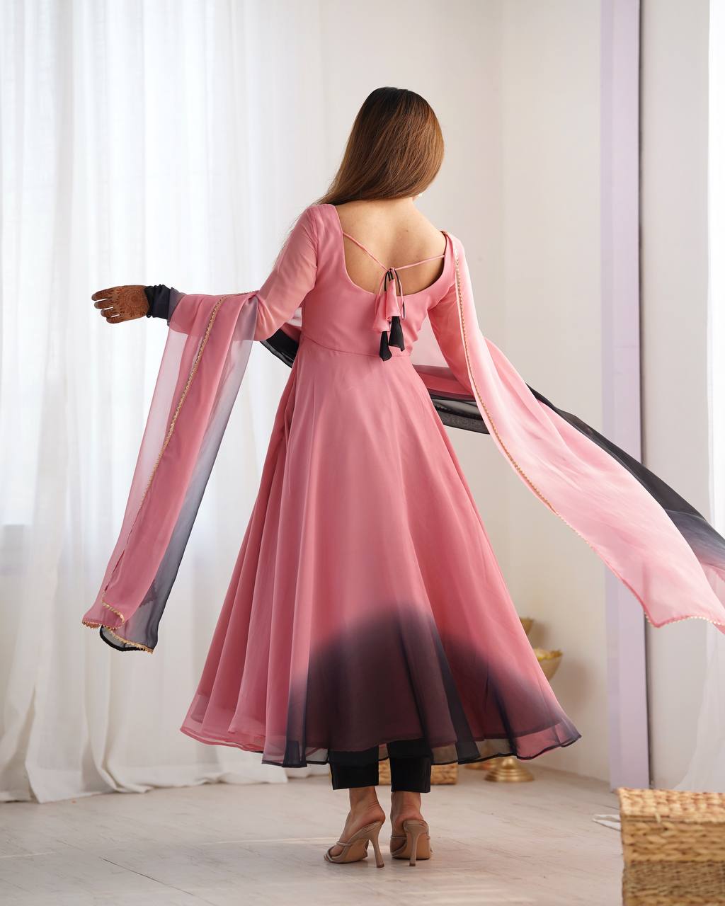 SAHELI STYLE PRESENTS PINK+BLACK SHADOW PADDING ANARKALI GOWN PAIR