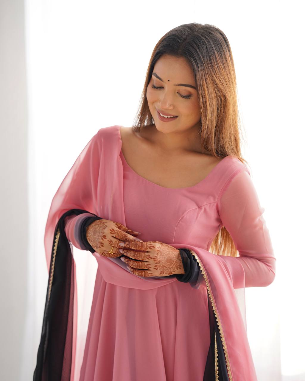 SAHELI STYLE PRESENTS PINK+BLACK SHADOW PADDING ANARKALI GOWN PAIR