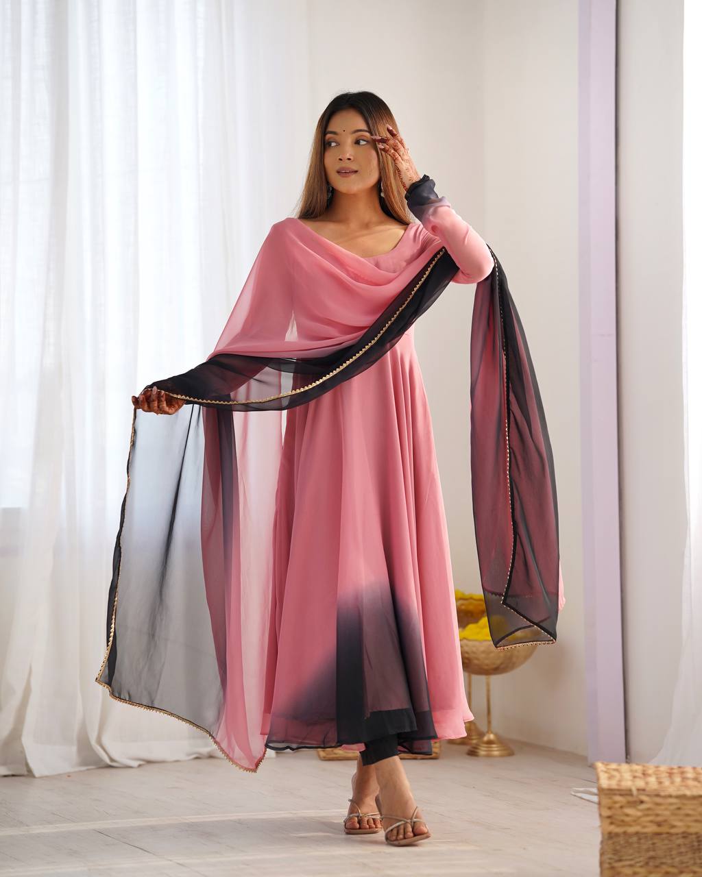 SAHELI STYLE PRESENTS PINK+BLACK SHADOW PADDING ANARKALI GOWN PAIR