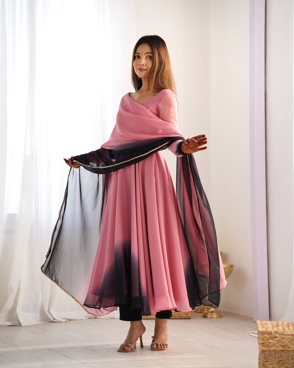 SAHELI STYLE PRESENTS PINK+BLACK SHADOW PADDING ANARKALI GOWN PAIR