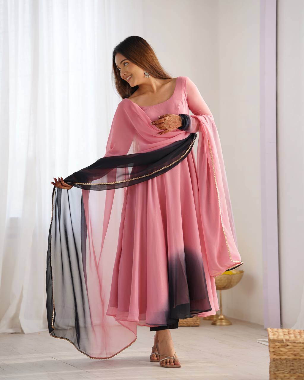 SAHELI STYLE PRESENTS PINK+BLACK SHADOW PADDING ANARKALI GOWN PAIR