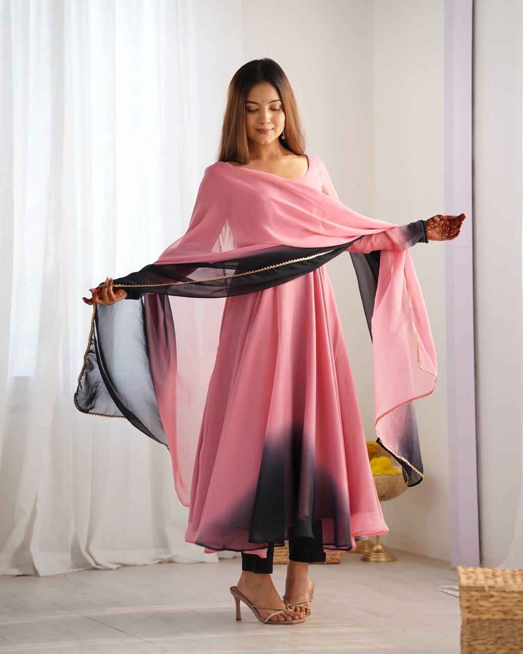 SAHELI STYLE PRESENTS PINK+BLACK SHADOW PADDING ANARKALI GOWN PAIR