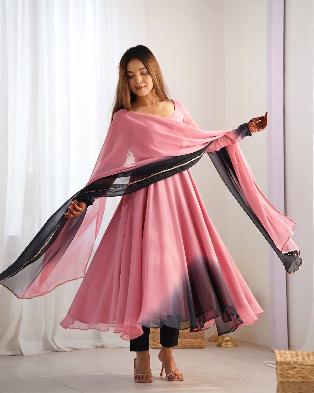 SAHELI STYLE PRESENTS PINK+BLACK SHADOW PADDING ANARKALI GOWN PAIR