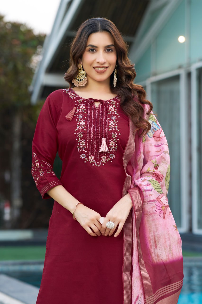 SAHELI STYLE Presents Maroon Kurti Pant Dupatta Set