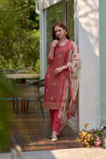 SAHELI STYLE Presents Baby Pink Elegant Straight Kurti Pant Dupatta Set