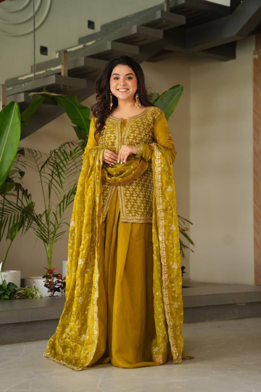 SAHELI STYLE PRESENTS SHARARA TOP BOTTOM PAIR MEHNDI COLOUR