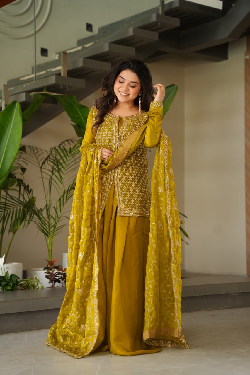 SAHELI STYLE PRESENTS SHARARA TOP BOTTOM PAIR MEHNDI COLOUR