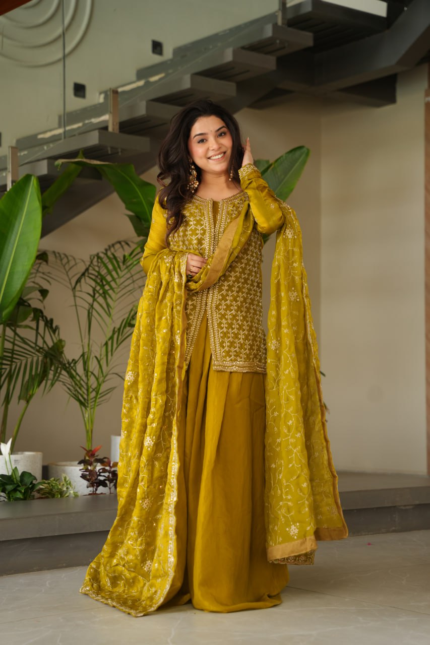 SAHELI STYLE PRESENTS SHARARA TOP BOTTOM PAIR MEHNDI COLOUR