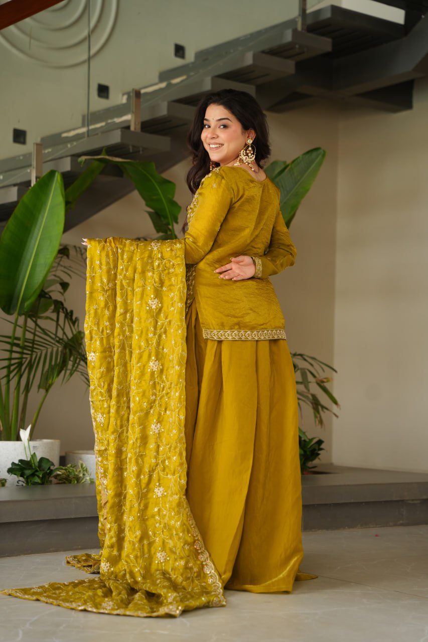 SAHELI STYLE PRESENTS SHARARA TOP BOTTOM PAIR MEHNDI COLOUR