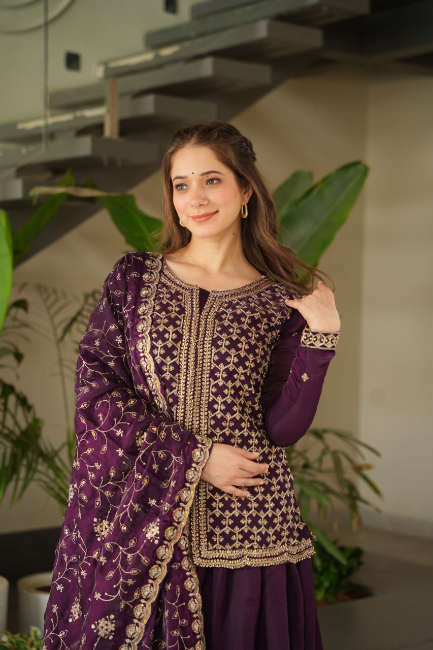 SAHELI STYLE PRESENTS SHARARA PAIR TOP WITH BOTTOM IN VINE COLOUR 🍇