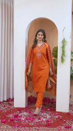 SAHELI STYLE Presents Orange Elegant Straight Kurti Pant Dupatta Set