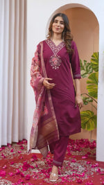 SAHELI STYLE Presents Maroon Elegant Straight Kurti Pant Dupatta Set
