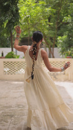 Off-White Embroidered Kora Cotton Gown – 8 Meter Flair, Sleeveless